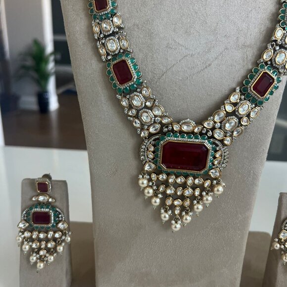 Victorian Polish Doublet Stone Necklace Set | Ruby Red Kundan Polki Jewelry - Picture 2 of 5